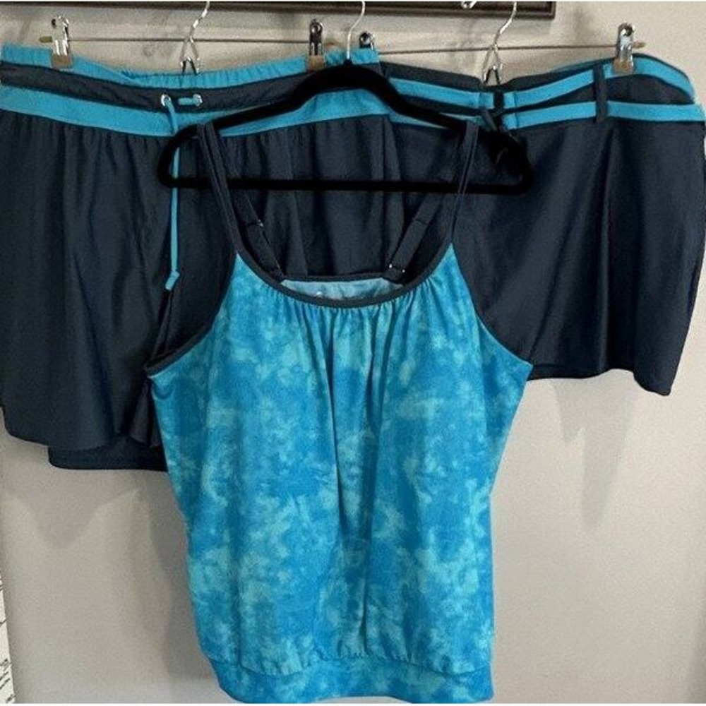 Free Country Womens 3 Pc Swimsuit Tankini Shorts Skirt Gray Aqua 2X 20W 22W